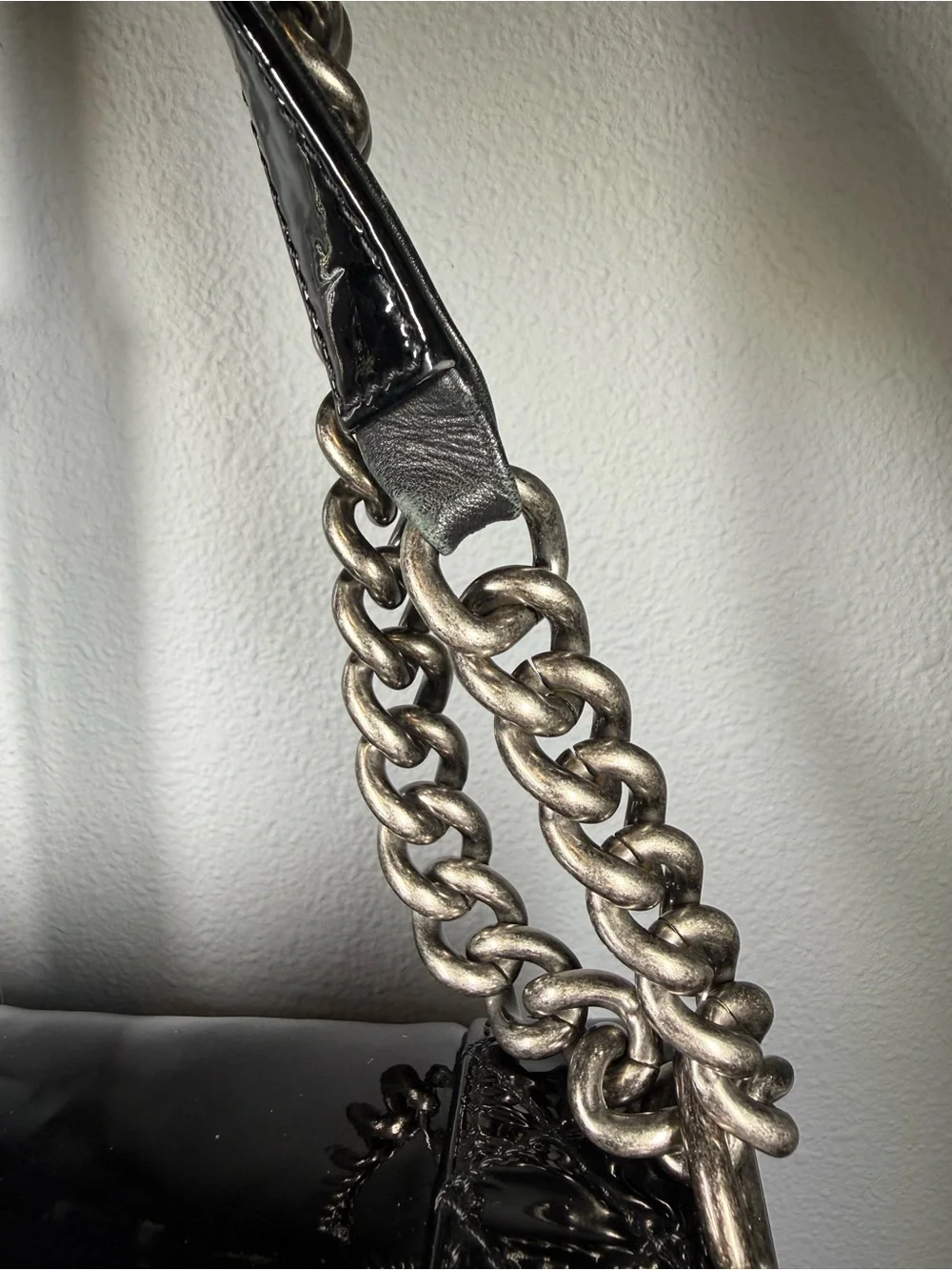CHANEL Black Patent Leather Quilted Chain Boy Shoulder Bag with Silver Hardware
